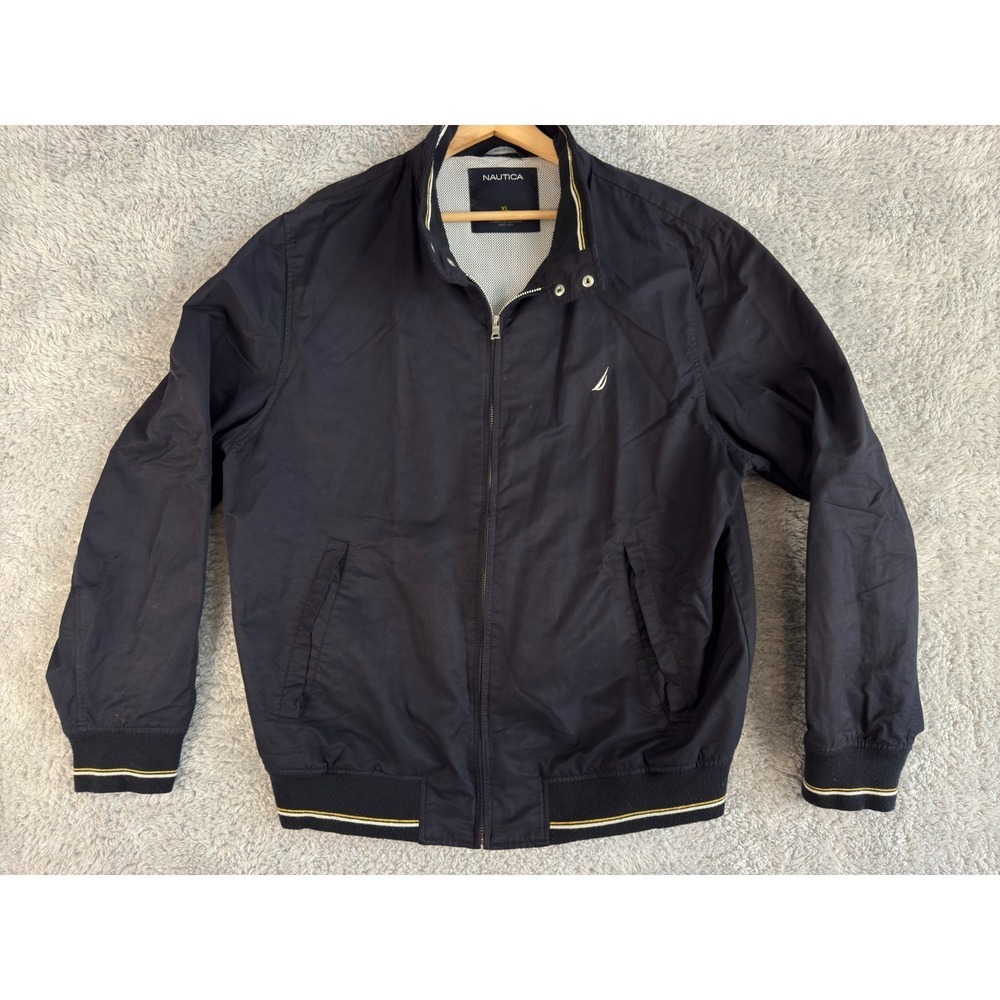 Nautica Mens XL Navy Blue Harrington Bomber Jacket Mesh Lined Full Zip Mock Neck